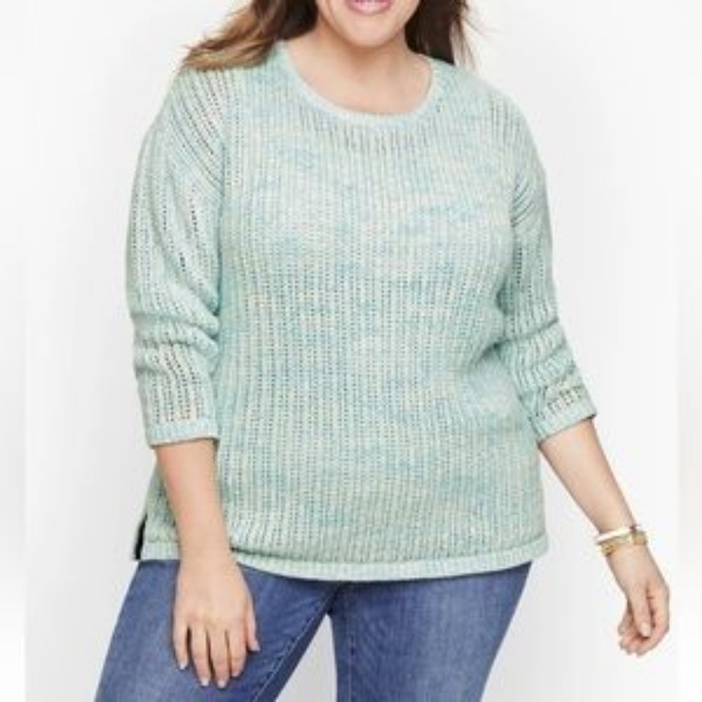Talbots Plus Size 2X Seafoam Blue Open Knit 100% Cotton Sweater Pullover